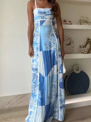 Blue patchwork maxi dress with scalloped neckline and trim