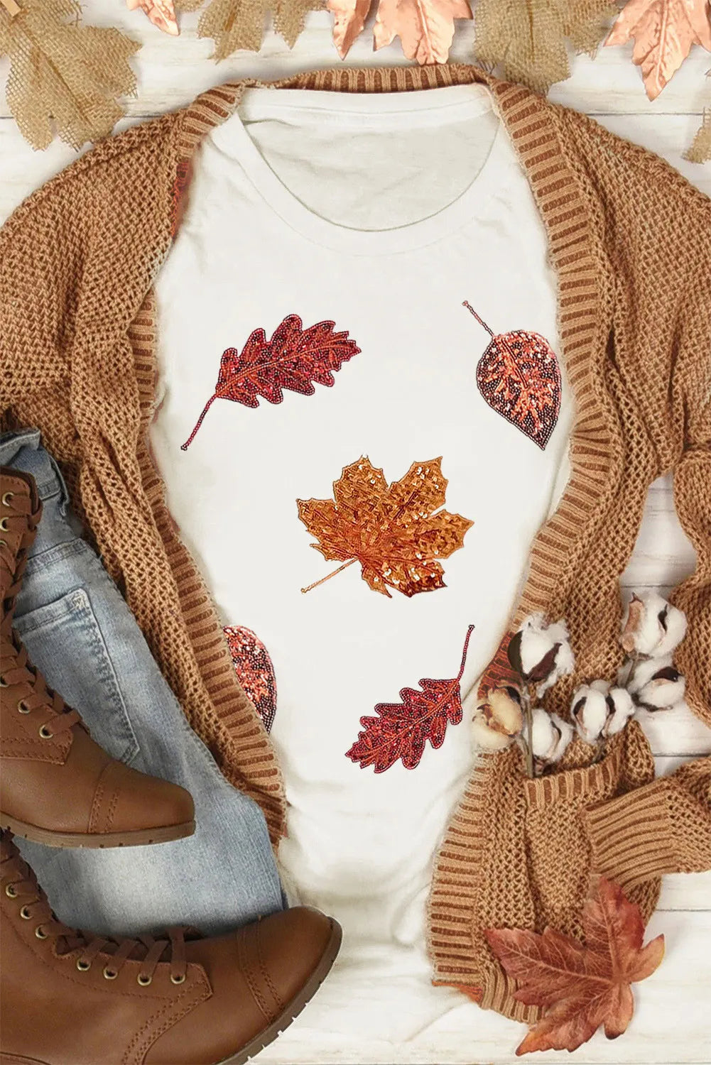 White crew neck tee with embellished autumn leaf print