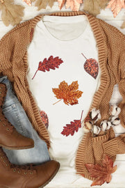 White crew neck tee with embellished autumn leaf print