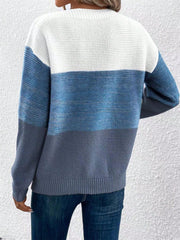 Colorblock boatneck knit sweater in white, blue, and gray acrylic with horizontal stripes.