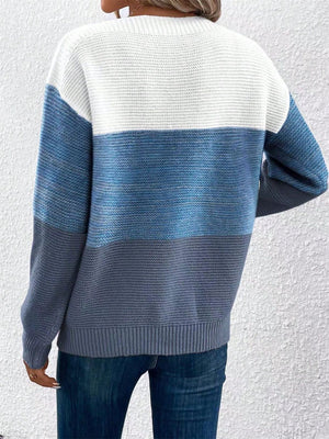 Colorblock boatneck knit sweater in white, blue, and gray acrylic with horizontal stripes.