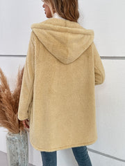 Pastel yellow teddy bear hooded button-up jacket with a soft, fuzzy texture.