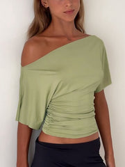 Sage ruched one shoulder t-shirt with asymmetrical neckline and short sleeves.