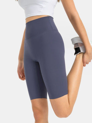 Sculpted Contour Active Cycling Shorts in Dusty Blue, high-waisted, mid-thigh length.