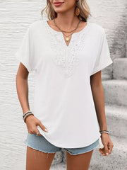 White relaxed fit t-shirt with lace trim neckline and short sleeves