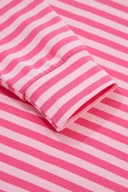 Chic pink and white striped cotton two-piece set, crew neck, long sleeve detail.