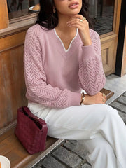 V-neck Openwork Long Sleeve Sweater, close-up detail