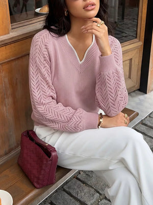 V-neck Openwork Long Sleeve Sweater, close-up detail