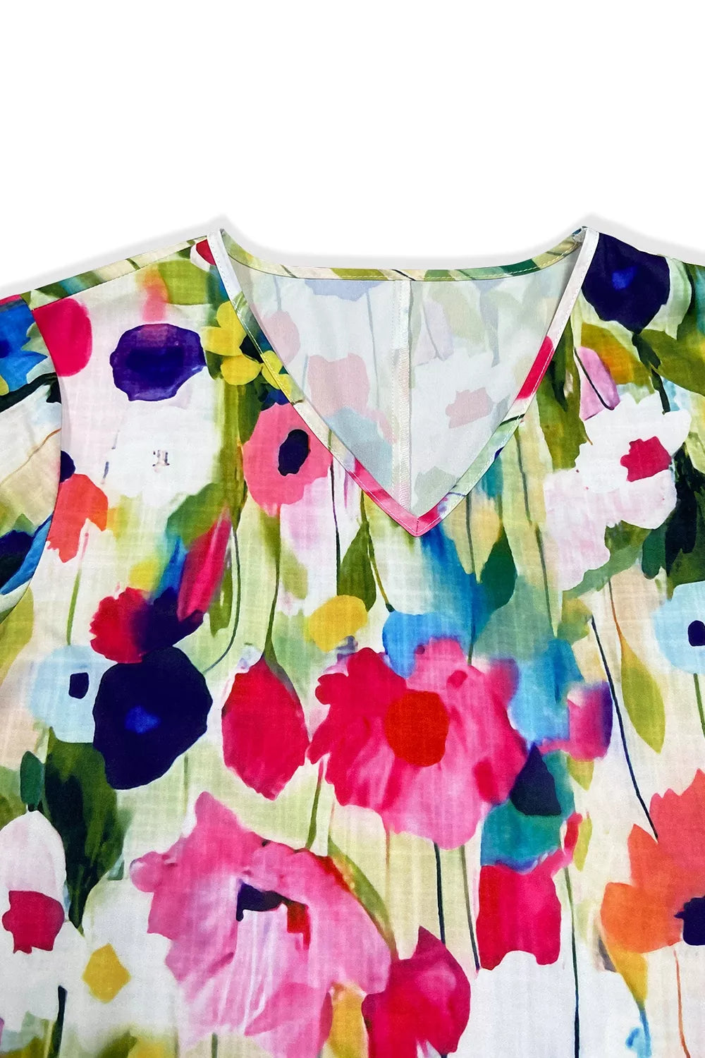 V-neck Ruffle Sleeve Floral Mini Dress in Multicolor, close-up detail
