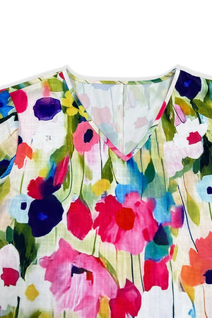 V-neck Ruffle Sleeve Floral Mini Dress in Multicolor, close-up detail