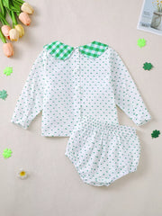 Baby set with white cotton top and bloomers, green polka dot print, green gingham collar.