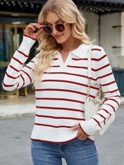 Polo-neck knit top with red Breton stripes, long sleeves, and a collared neckline.