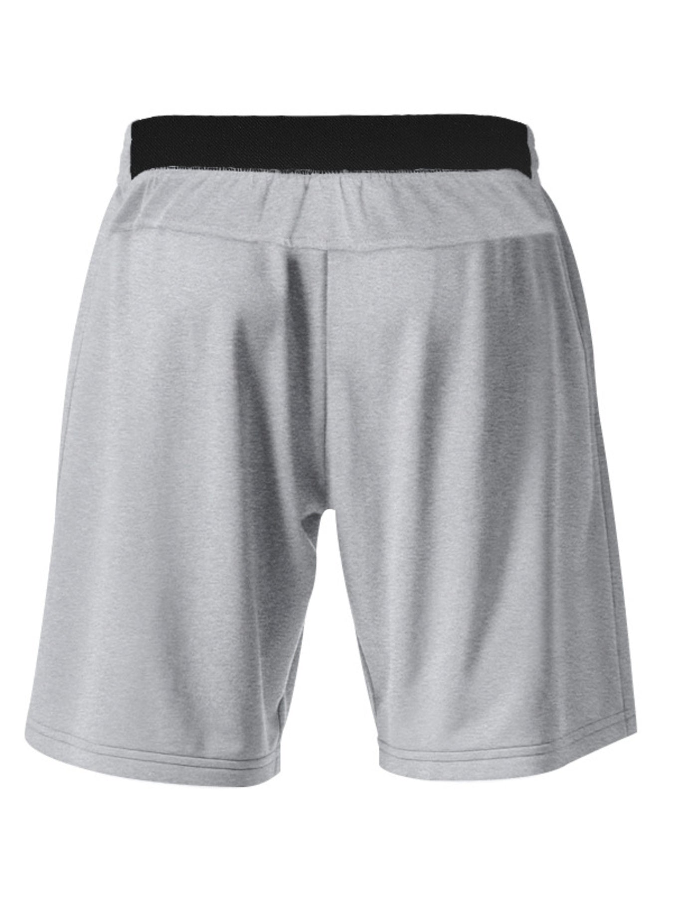 Light gray chino shorts with black elastic waistband and drawstring detail