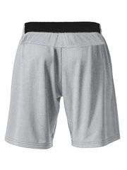 Light gray chino shorts with black elastic waistband and drawstring detail