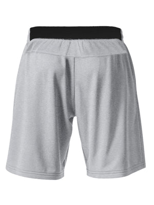 Light gray chino shorts with black elastic waistband and drawstring detail