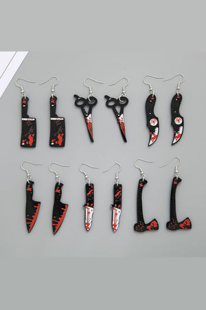 Gory blade and scissor drop earrings with red splatter detail.