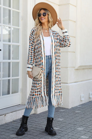 Chromatic crochet maxi cardigan with fringe detail in Multi color, acrylic material.