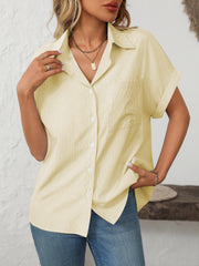 Pastel Yellow striped button-down shirt with cuffed short sleeves and a chest pocket.