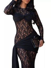 Lace Long Sleeve Maxi Dress in Black, close-up detail