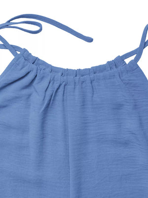 Blue tie-strap romper with ruffled neckline detail