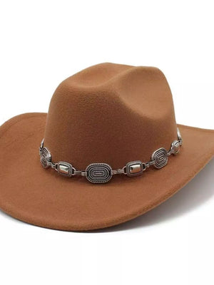 Khaki cowboy hat with decorative silver chain band