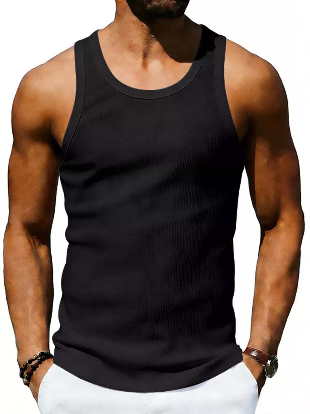 Men's Full Size Round Neck Tank in White, product detail