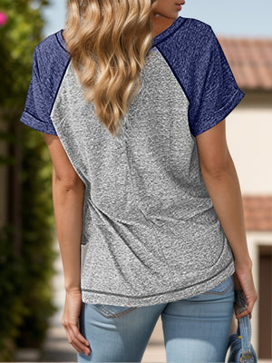Raglan sleeve tee with button detail in gray and navy blue.