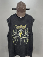 Black vintage wash graphic tank top with distressed details and a bold graphic print.