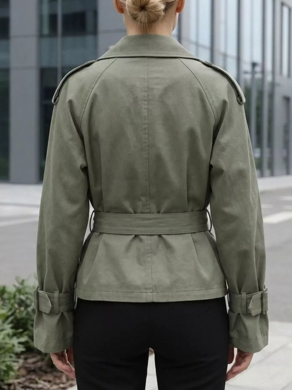 Lapel Collar Belted Cropped Trench in Moss, back view