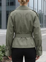 Lapel Collar Belted Cropped Trench in Moss, back view