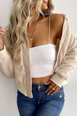 Cream teddy fleece bomber jacket with collared neck and zip front.