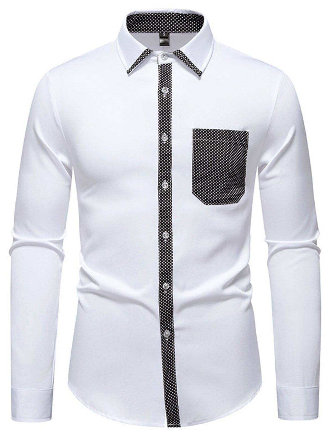 White cotton button-up shirt with black polka-dot trim on collar, placket, and pocket.