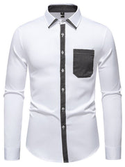 White cotton button-up shirt with black polka-dot trim on collar, placket, and pocket.