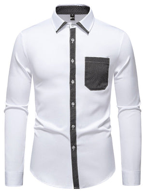 White cotton button-up shirt with black polka-dot trim on collar, placket, and pocket.