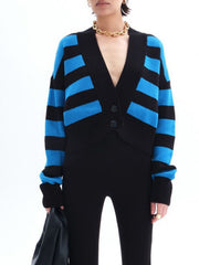 Cropped striped knit cardigan in black and blue with V-neck and button front.