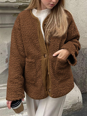 Brown teddy-texture button-up jacket with corduroy trim and pockets