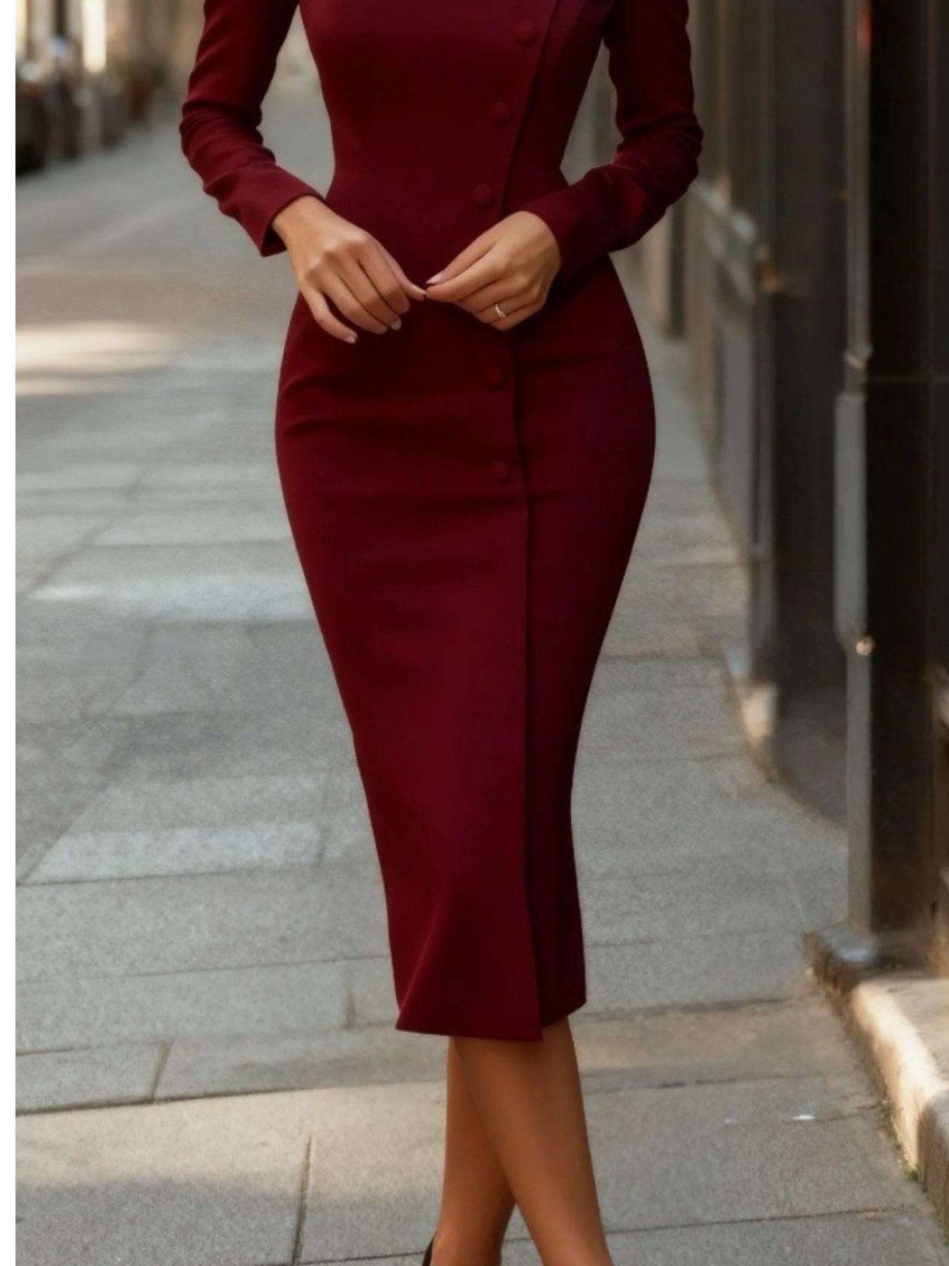 Burgundy button front long-sleeve midi dress with asymmetrical button detail.