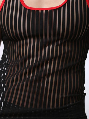 Black sheer stripe tank top with red trim neckline