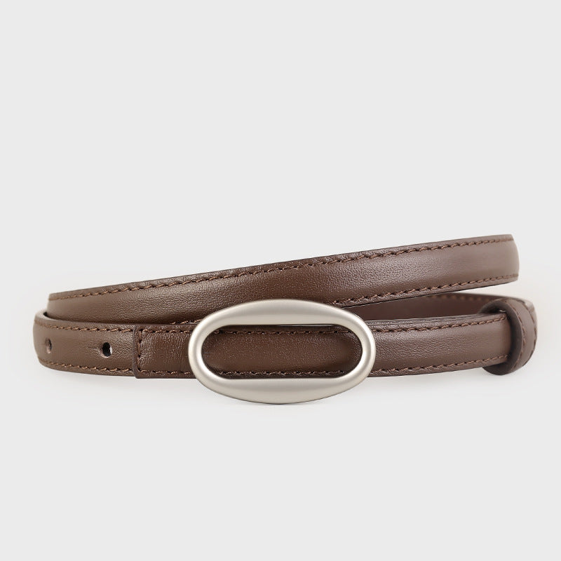 Brown cowhide leather skinny belt with oval silver buckle