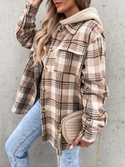 Oversized camel plaid shacket with hood detail and button front.