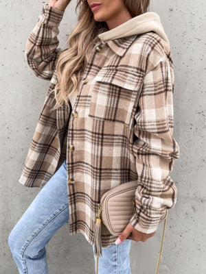 Oversized camel plaid shacket with hood detail and button front.