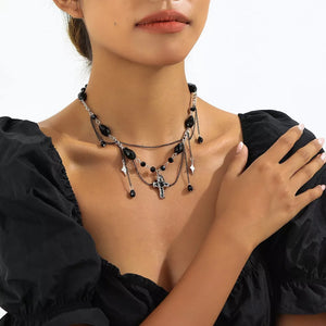 Gothic Cross Pendant Necklace Alloy Resin in Black, side view