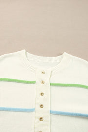 Ivory knit cardigan with pastel green and blue stripes and gold buttons