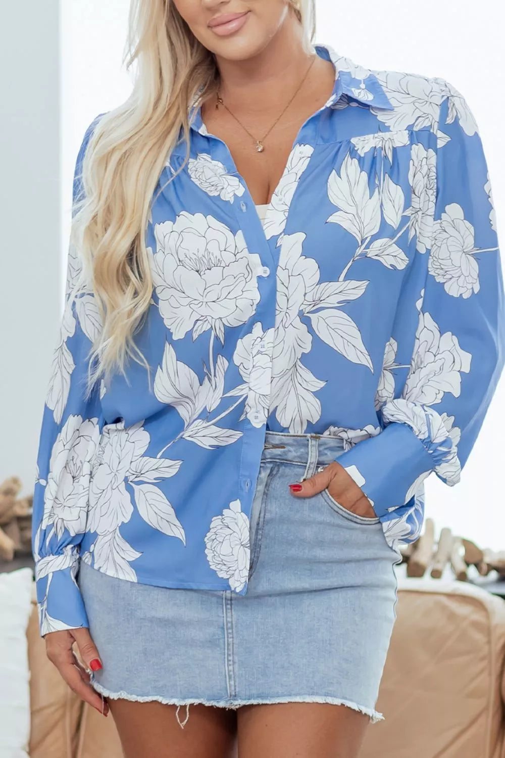 Floral Print Button-up Shirt in Blue, front view