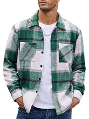 Men's green plaid button-up shirt with pockets, cotton, casual style