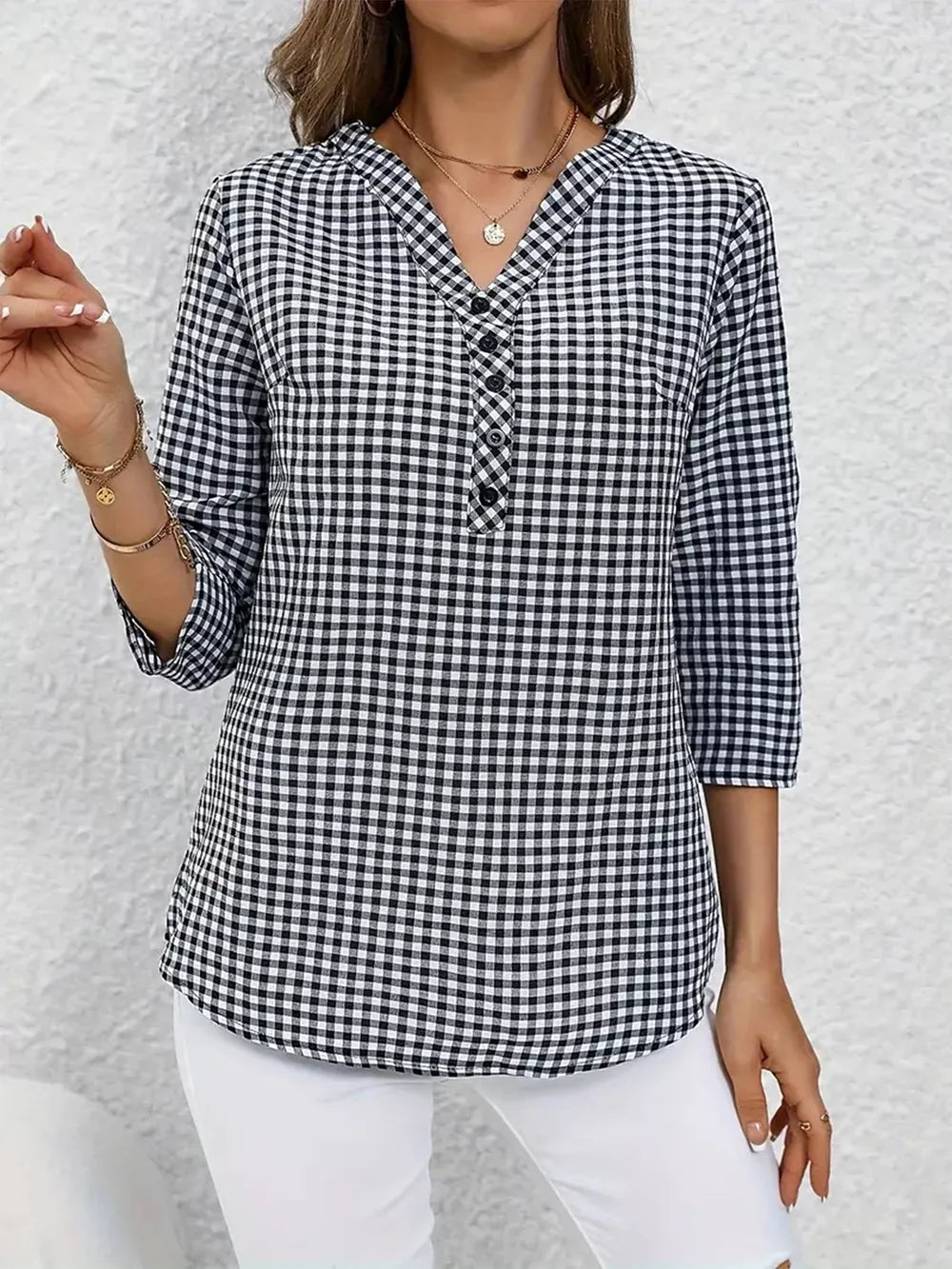Gingham Button Detail Blouse in Black, side view