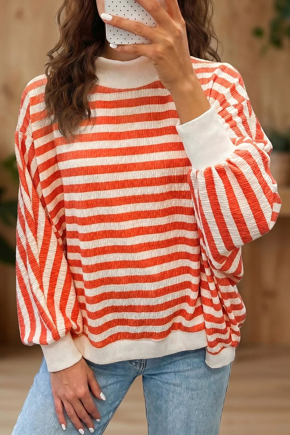 Striped Textured Stand Neck Oversized Shirt, front view
