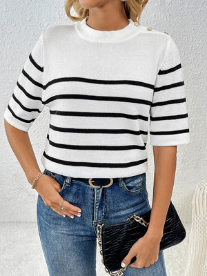White and black striped knit top with button shoulder detail and short sleeves