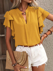 Gold ruffled sleeve blouse with plunge neckline and split collar