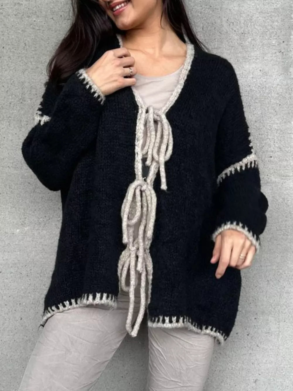 Tie Front Drop Shoulder Cardigan in White, product detail